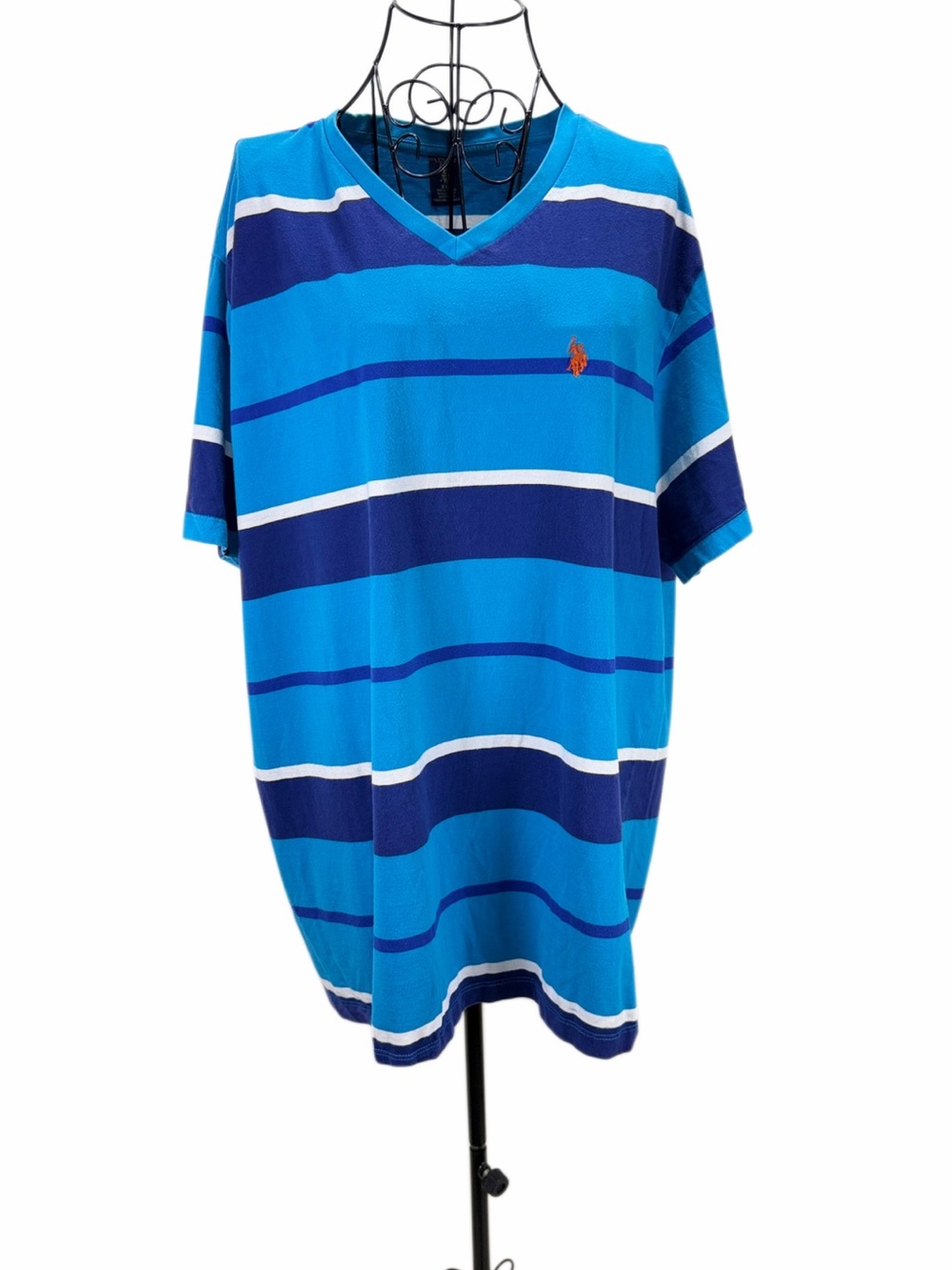 U.S. Polo Assn. Blue Striped V-Neck Polo Shirt with Orange Logo